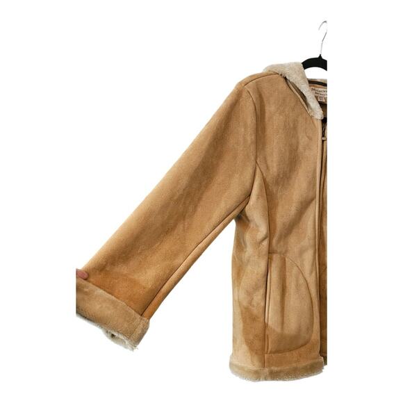 Mulberry Street Womens LARGE Hooded Coat Jacket Faux Fur Faux Suede Pockets Tan - Picture 5 of 8